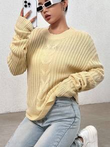 Flirla 麻花针织落肩套头衫秋冬毛衣 - 杏色 - 查看 3