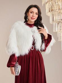 Modelyn Rhinestone Detail Fuzzy Cape Coat - White - View 3