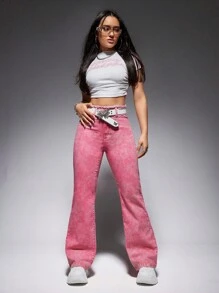 SHEIN EZwear 毛邊緣牛仔喇叭褲 - 粉色 - 查看 3