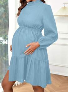 SHEIN Maternity Frill Edge Collar & Frill Hem Midi Dress - Blue - View 5