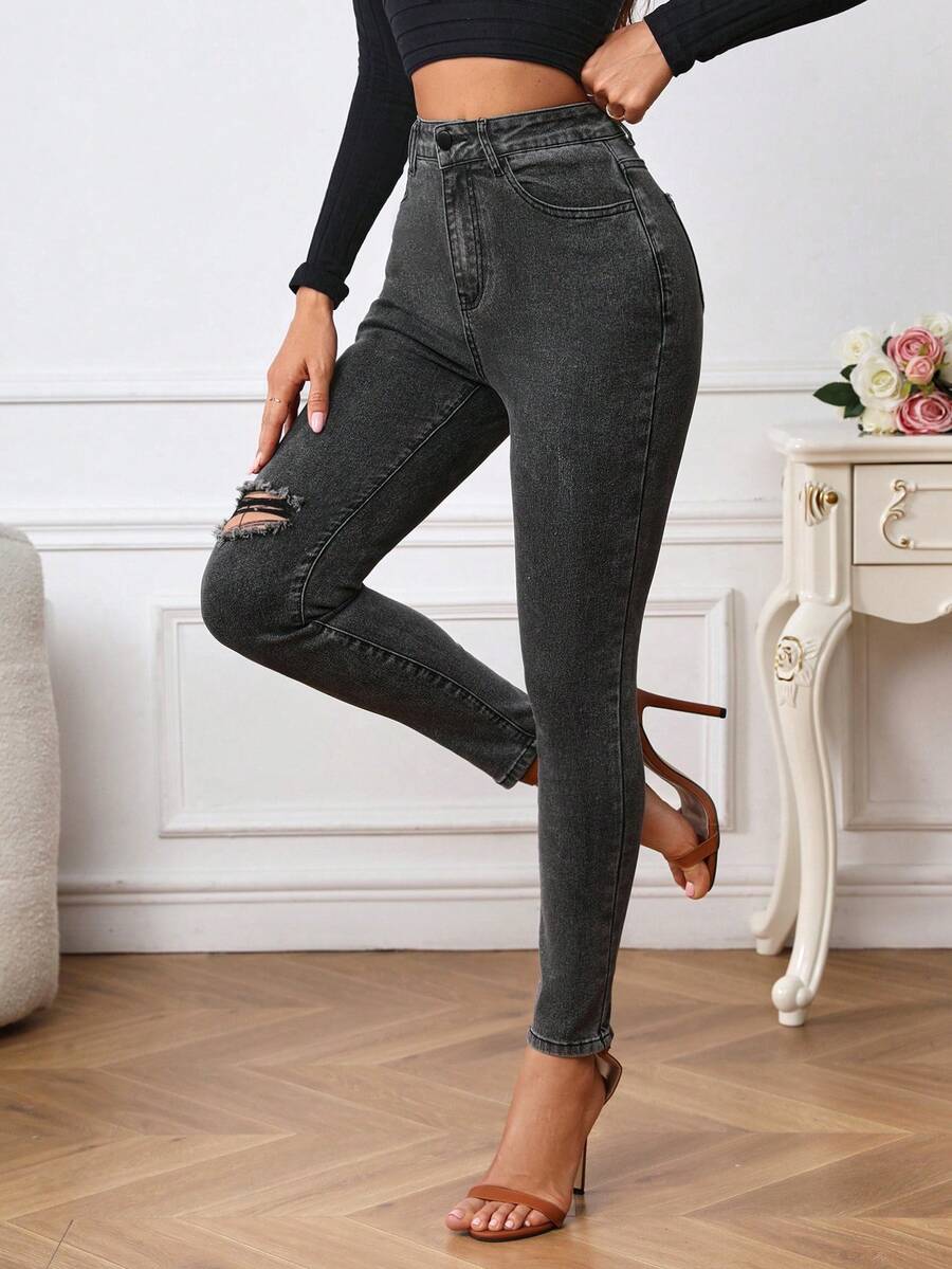 SHEIN Essnce 高腰破洞緊身牛仔褲 - 深灰色 - 查看 1