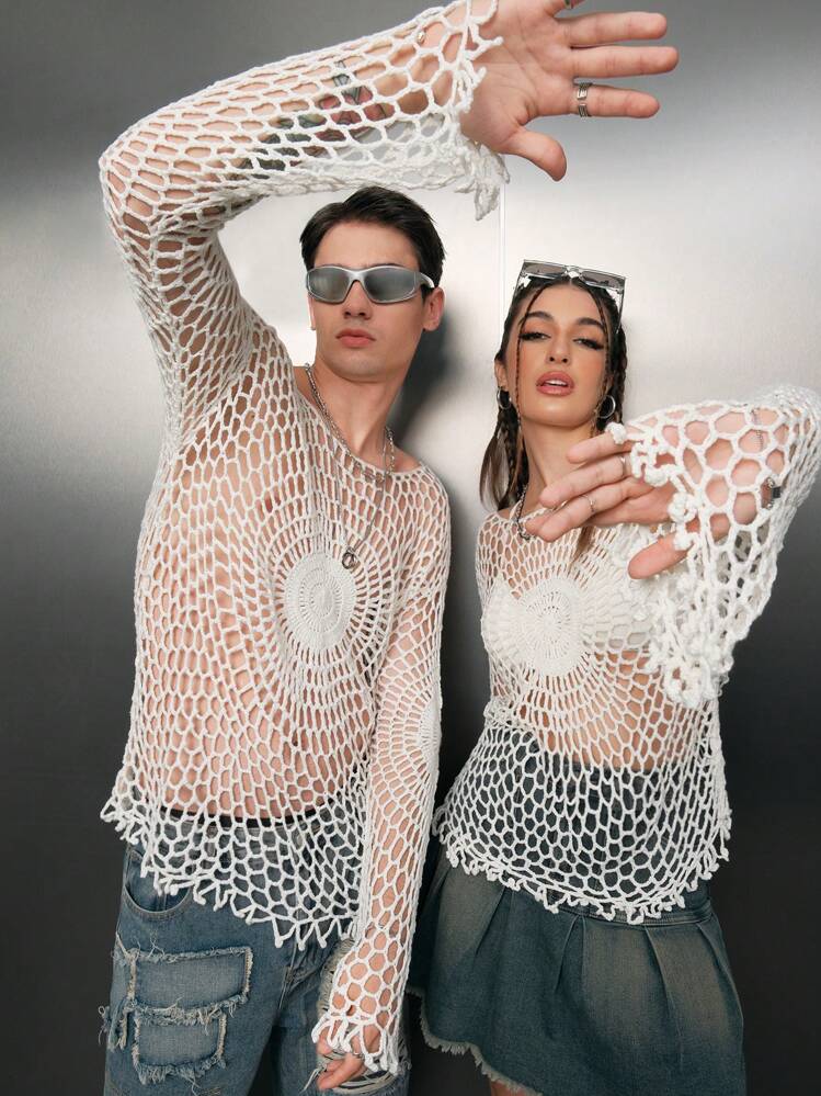 Manfinity VCAY 1 pieza Suéter con hombros caídos y calado, para otoño e invierno - Blanco - Añade 1