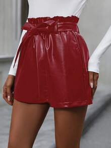 SHEIN Privé 紙袋腰腰帶PU皮革短褲 - 酒紅色 - 查看 5