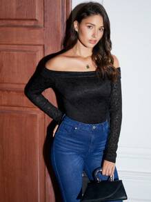 Zolique Foldover Off Shoulder Ruched Detail Lace Bodysuit