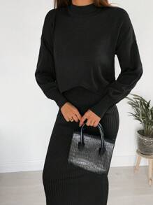 EURMUSE Drop Shoulder Asymmetrical Hem Sweater & Knit Skirt - Hitam - View 5