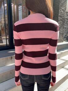 DAZY Jersey con patrón de rayas de cuello alto - Rosa - Ver 5