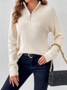 SHEIN LUNE Pull Zippé Côtelé Épaule Tombante