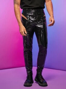 FeverCity Men Cut Out PU Leather Pants - Black - View 5