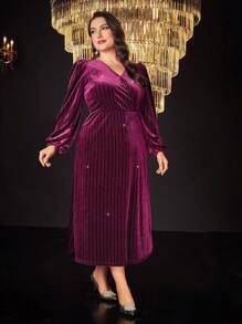 Modelyn Burgundy Red Plus Lantern Sleeve Velvet Dress Without Belt