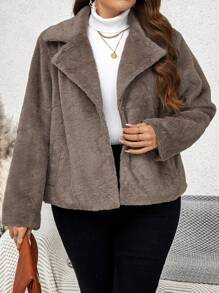 SHEIN LUNE Plus Lapel Neck Slant Pockets Fuzzy Coat In Fall/Winter - Grey - View 5