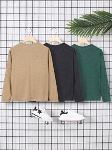 SHEIN 3pcs Loose Fit Casual Knitted Long Sleeve T-Shirt, Round Neck, For Tween Boys, School, Campus, College