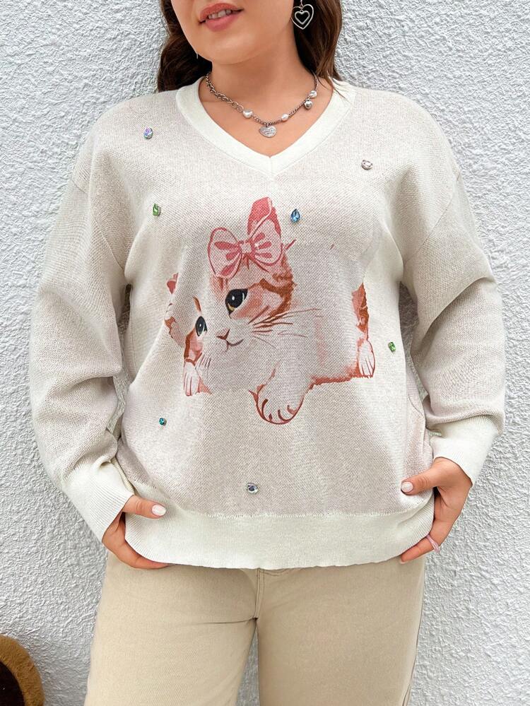 Plus Cat Pattern Rhinestone Beaded Drop Shoulder Sweater