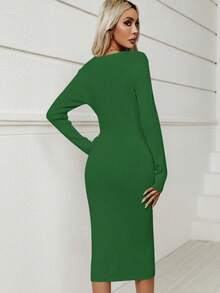 SHEIN LUNE Ladies áo len váy Chia Gân đan màu trơn Thanh lịch - màu xanh lá - Xem 2