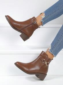 Women's Brown Pointed Toe Chunky Heel Zip-Up Short Boots, Casual Autumn/Winter Boots