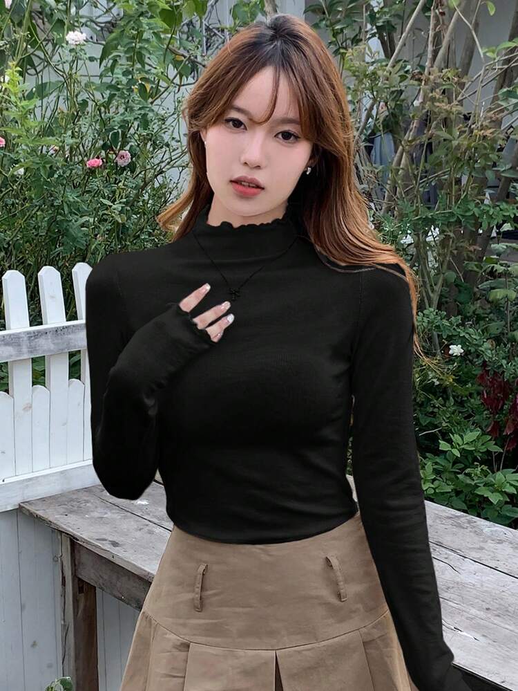 Solid Mock Neck Lettuce Trim Tee Long Sleeve Women Tops
