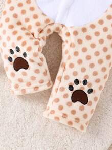 女嬰圓點與卡通刺繡 3d 耳朵設計連帽法蘭絨連身褲 - 杏色 - 查看 4