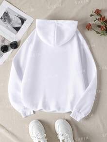 女士休闲连帽衫，学院风蝴蝶印花，秋冬季保暖运动风 - 白色 - 查看 2