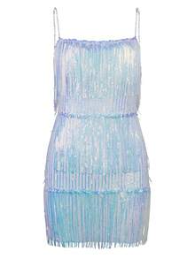 Fringe Trim Sequin Cami Dress - Blue and White - View 8