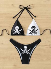 骷髅印花吊带三角比基尼套装，适合夏季海滩度假 - 彩色 - 查看 4