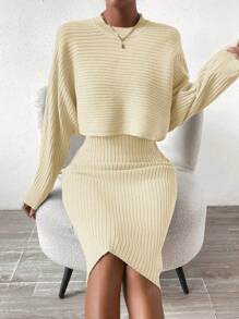 SHEIN Essnce de manga murciélago Jersey crop & tejido de canalé Vestido - Albaricoque - Ver 1