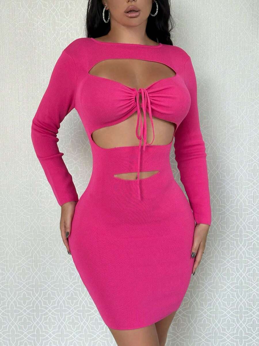 Zolique Cắt ra Mặt trước dây rút Váy len bó sát - Màu Hồng Tươi - Xem 1