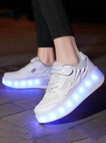 女性休閒運動鞋女性溜冰鞋&冰冰鞋戶外車輪鞋,酷燈鞋,時尚顏色,可伸縮雙輪戶外車輪鞋,USB可充電 - 白色 - 查看 2