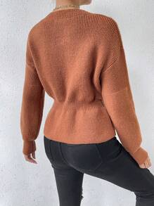 SHEIN Essnce Drop Shoulder Split Hem Sweater - Brown - View 2
