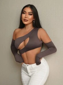 SHEIN SXY Body de cuello asimétrico con abertura - Marrón - Ver 4