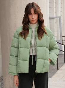 Anewsta Solid Zip Up Padded Coat With Scarf - Mint Green - View 3