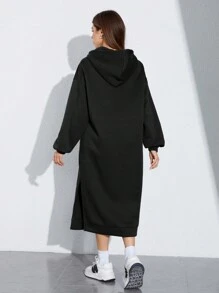 SHEIN EZwear 落肩袖抽繩下擺開叉連帽衛衣裙 - 黑色 - 查看 2