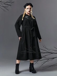 ROMWE Goth Plus Snake Embroidery Belted Shirt Dress - Black - View 5