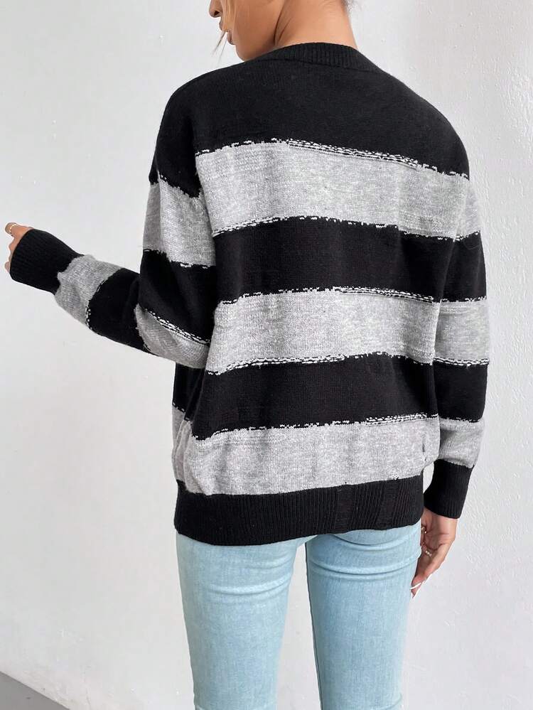 Color Block Drop Shoulder Knit Pullover Fall Winter Sweater