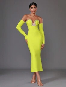 Modphy 性感露肩長袖鑲鑽彈性綁帶長裙 - 芥末黃 - 查看 6