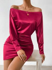 SHEIN Allurite 一字肩蝙蝠袖緊身洋裝 - 酒紅色 - 查看 4