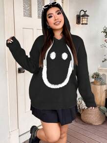 Flirla Loose Fit Cartoon Face Jacquard Sweater In Plus Size Knit Pullover Fall Winter Sweater - Black - View 7