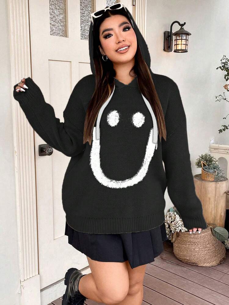 Loose Fit Cartoon Face Jacquard Sweater In Plus Size Knit Pullover Fall Winter Sweater