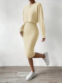 SHEIN Essnce de manga murciélago Jersey crop & tejido de canalé Vestido - Albaricoque - Ver 5