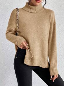 SHEIN Essnce 高領落肩袖下擺開叉套頭毛衣 - 駝色 - 查看 4