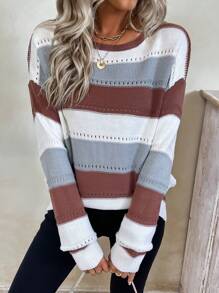 SHEIN Frenchy 條紋色塊垂墜肩毛衣 - 彩色 - 查看 1