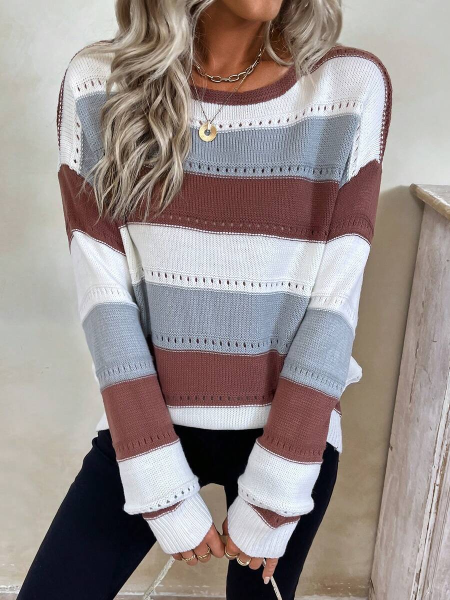 SHEIN Frenchy 條紋色塊垂墜肩毛衣 - 彩色 - 查看 1