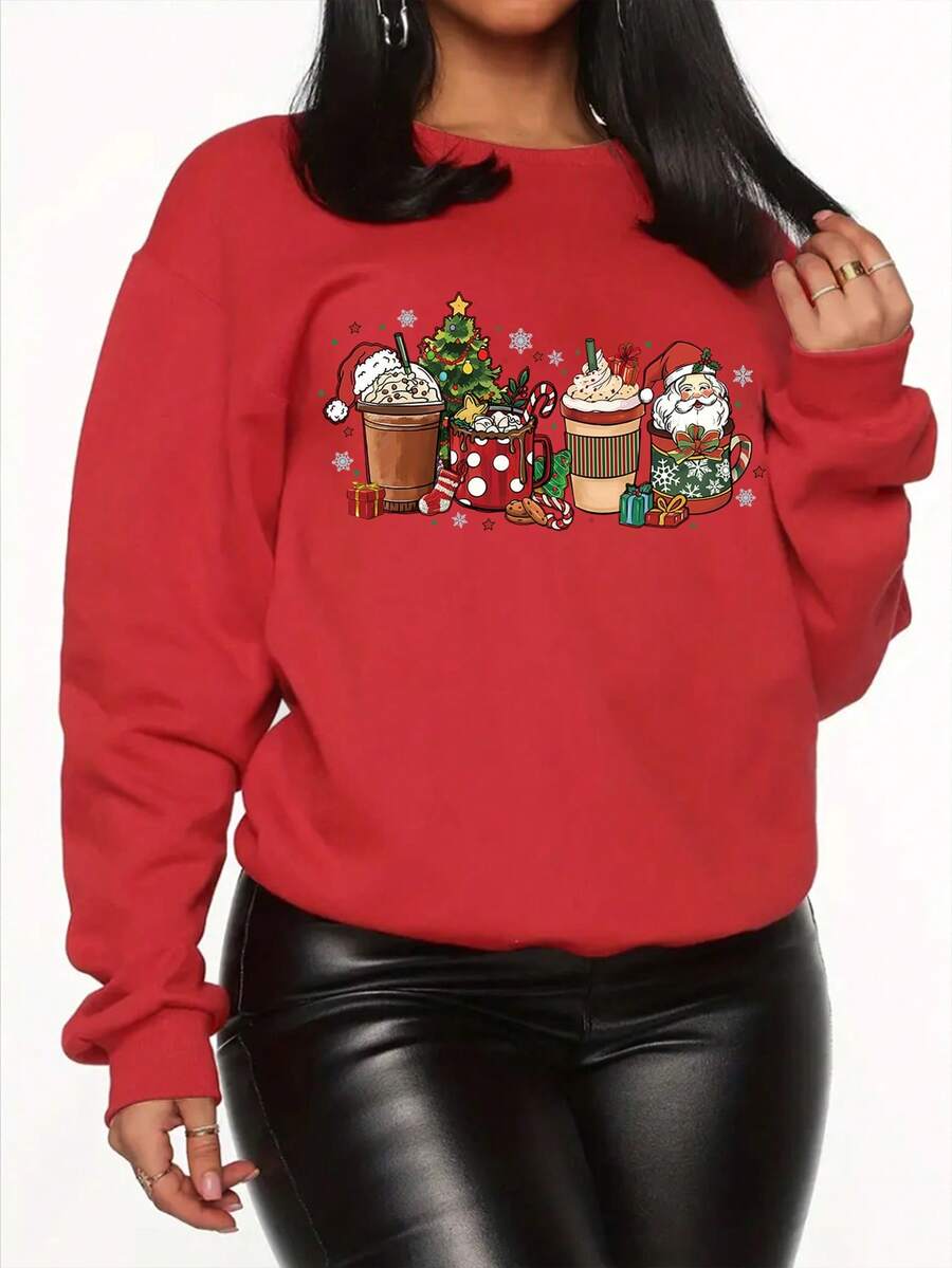 SHEIN EZwear 聖誕圖案落肩袖運動衫 - 紅色 - 查看 1