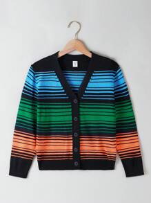SHEIN Tween Boy 1pc Block Striped Pattern Cardigan