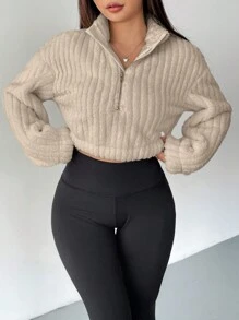 SHEIN EZwear Sudadera corta de media cremallera con caída de hombros color caqui, blusas de manga larga