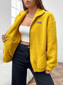 SHEIN EZwear Women's Yellow Fleece Alphabet Patchwork Jacket - Yellow - View 4