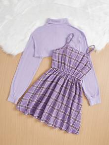 SHEIN 女孩針織羅紋紋理高領 T 卹,格子肩帶吊帶洋裝套裝 - 紫色 - 查看 2