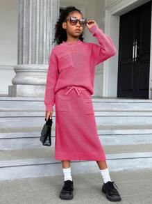 SHEIN Tween Girl Pocket Patched Drop Shoulder Sweater & Knit Skirt - Hot Pink - View 1