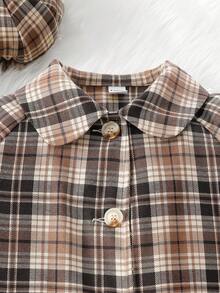 3 cái/bộ Thiếu niên Cô gái Kẻ sọc Giải trí Áo khoác + Váy không tay + Mũ Bộ - màu nâu - Xem 6