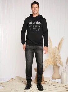 GENTILAND Men Letter Graphic Kangaroo Pocket Drawstring Hoodie - Black - View 4