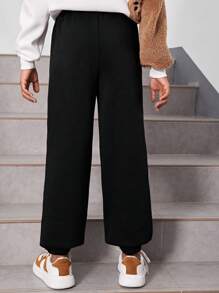 SHEIN Quần nỉ dệt kim rộng rãi in chữ ấm áp cho mùa đông dành cho bé gái tuổi mới lớn - Đen và trắng - Xem 2