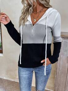 SHEIN LUNE Jersey de color combinado con cremallera media con cordón con capucha - Multicolor - Ver 4